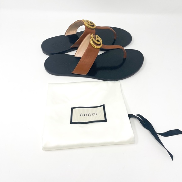 GUCCI Marmont Leather Thong Sandal with Double G EU 36.5 Brown - Picture 6 of 8